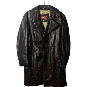 Vintage 70's Brown Leather Jacket Mid Length Trench Coat Men's 3 Button